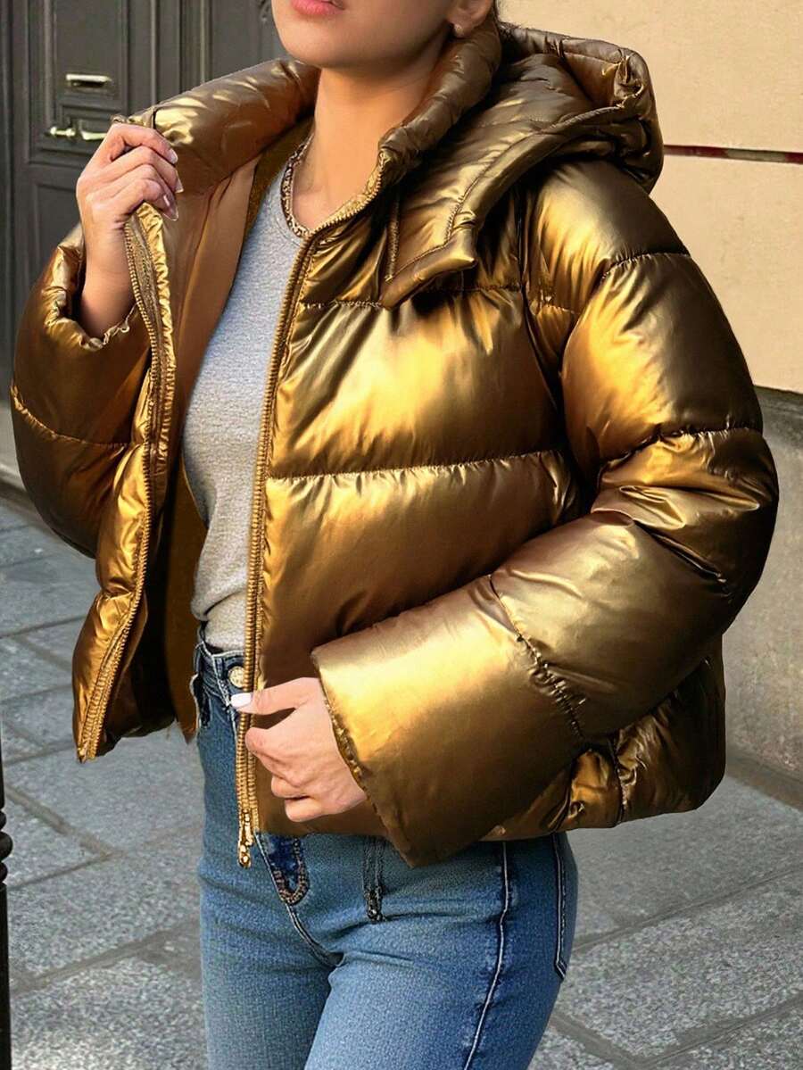 Abrigo acolchado con capucha de talle ceñido y solapa única para adolescentes, adecuado para uso casual, ir al trabajo y citas, invierno - Marrón - Ver 1