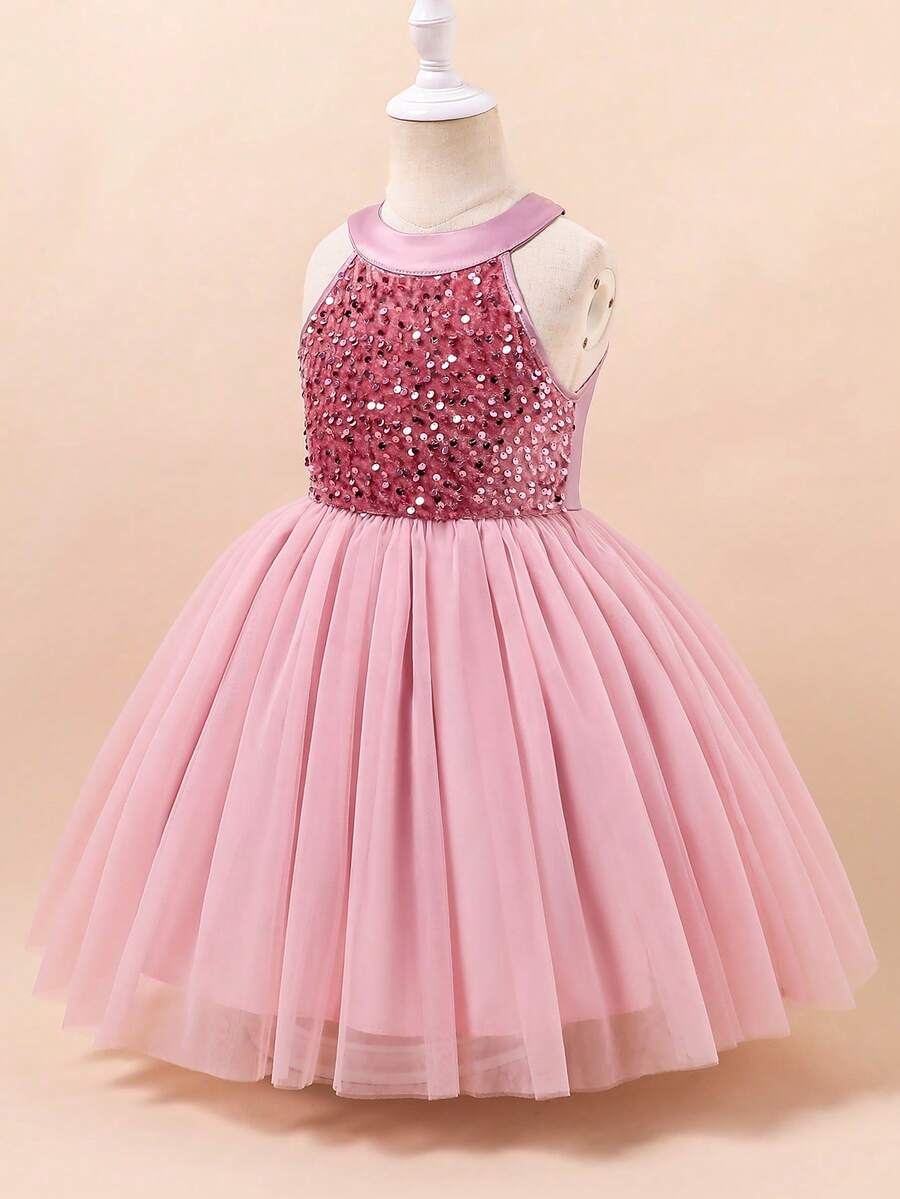 Glamorique Kids 一件红色女童吊带连衣裙,上半身饰有亮片,下半身是蓬松的网纱裙摆,适合表演、宴会和其他正式场合,展现童真和优雅。 - 藕粉色 - 查看 1