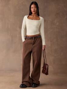 SHEIN BAE 女士奶油色性感方领修身长袖上衣，适合休闲穿着，打造时尚街头风，也适合派对、夜店、约会、圣诞节、感恩节、夜店、新年等场合，简约百搭。 - 白色 - 查看 7