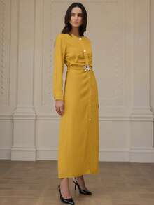 Chiquease Gaun Midi Ruffle Elegan dengan Pinggang yang Dapat Diatur, Gaya Ins Eropa dan Amerika, Gaun untuk Beraktivitas Sehari-hari - Kuning - View 3