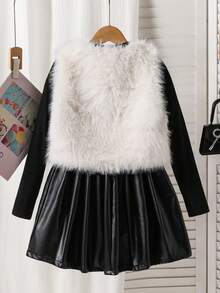 Sparklyn 三件套：棕色毛绒蝴蝶结背心、配套吊带衫和PU褶裙 - 黑與白 - 查看 2