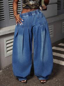 Slaydiva Plus Size Wide Leg Flare Jeans - Blue - View 1