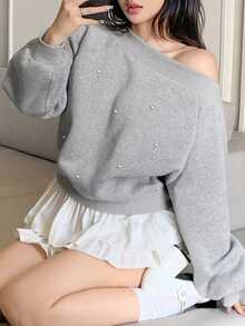 DAZY Women's Rhinestone Embellished Off Shoulder Long Sleeve Sweatshirt, Solid Gray, Suitable For Autumn/Winter, Christmas & New Year - Grey - View 9