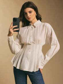 Poéselle ملابس علوية أبيض نسائي من خليط القطن بأكمام طويلة وخصر مشدود وتنورة قصيرة، ملابس علوية نسائي أنيق بأسلوب هادئ ورفيع للمكتب، ملابس علوية نسائي أحادي اللون بأكمام طويلة وياقة واحدة وخصر مطوي وذيل - أبيض - مشاهدة 5