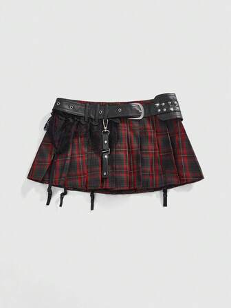 J-Fashion Jupe plissée super courte taille basse 2 en 1 en patchwork de dentelle sombre et sexy style punk plaid Kpop pour Halloween