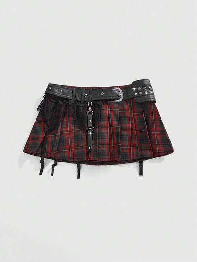 J-Fashion Halloween PUNK Plaid Dark Sexy Lace Patchwork 2 In 1 Low Waist Super Short Pleated Skirt