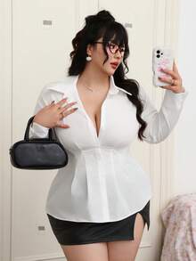 CovetEZ 大码纯色前扣长袖休闲衬衫 - 白色 - 查看 5