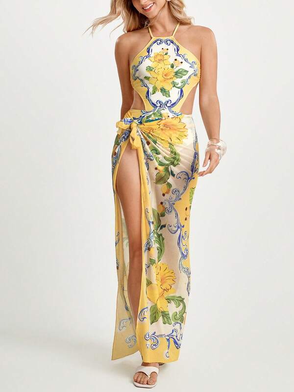 CAJUNI Women's Floral Print Tie-Waist Cover-Up & Skirt Set