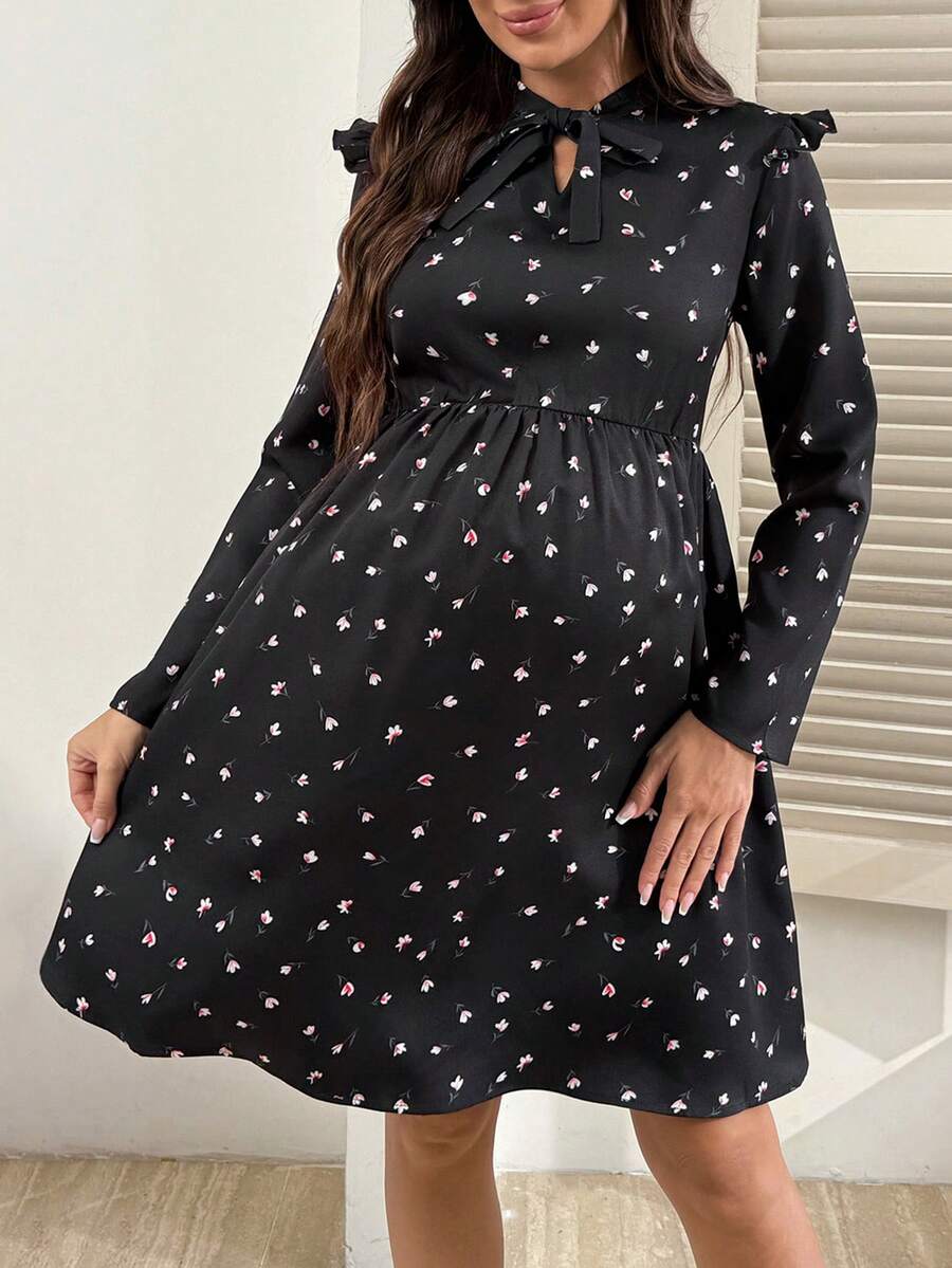 SHEIN 印花领带装饰孕妇连衣裙,褶皱面料 - 黑色 - 查看 1