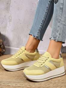 Tenis para mujer transpirable, plataforma ligera, punta redonda, con agujetas, estilo deportivo, para uso diario y ejercicio - Amarillo - Ver 3