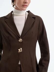 SHEIN Stylify Bộ đồ 2 mảnh dành cho nữ, vải xương cá, cổ ve áo, nút kim loại phía trước, tay áo raglan, gấu chữ A bó eo, khóa kéo ẩn bên hông, quần ống rộng xếp ly, trang phục công sở phong cách Pháp cổ điển thanh lịch, trang phục dạo phố, thu/đông - Màu nâu Sô-cô-la - Xem 4