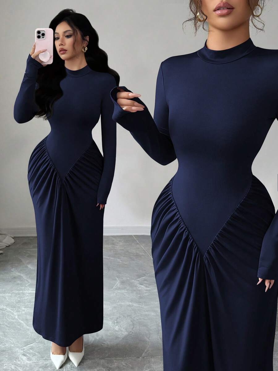 SHEIN Elenzya 秋冬新款法式/欧式优雅立领褶皱修身鸡尾酒连衣裙,设计精致,适合独立日穿着 - 藏蓝色 - 查看 1