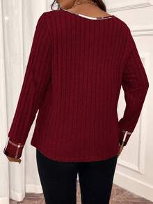 EMERY ROSE Plus Size V-Neck Plaid Printed Long Sleeve Ribbed T-Shirt Graphic Tees Women Tops For Spring - Red - View 2