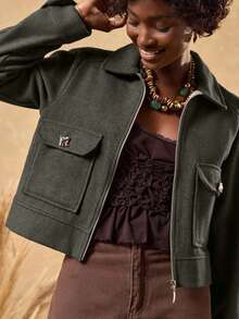 EURMUSE 1 pieza Chaqueta casual con cremallera, manga larga, bolsillo, color marrón, estilo elegante de abrigo para mujer - Verde militar - Ver 1