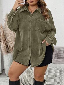 SHEIN CURVE+ 大码女式落肩长袖牛仔印花单排扣休闲口袋夹克 - 軍綠色 - 查看 3