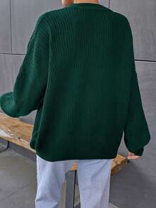 EURMUSE Women's Minimalist Solid Color Drop Shoulder Ribbed Knit Sweater, Autumn/Winter - Green - View 3