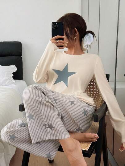 Dream Adore Fresh Round Neck Long Sleeve Star Gestreepte Straight Leg Pajama Set Women Korean Pyjama Fall Clothes