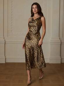 Aveloria Rosie Satin Fabric, Leopard Print Design, Draped Neck Twist Knot Sexy Elegant Long Dress - Multicolor - View 1