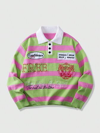 Street Life Men's Contrast Stripe Preppy Half-Zip Casual Long Sleeve Patchwork Collar Sweater