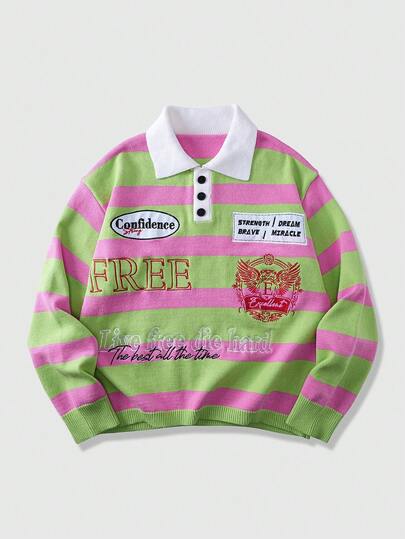 Street Life Men's Contrast Stripe Preppy Half-Zip Casual Long Sleeve Patchwork Collar Sweater