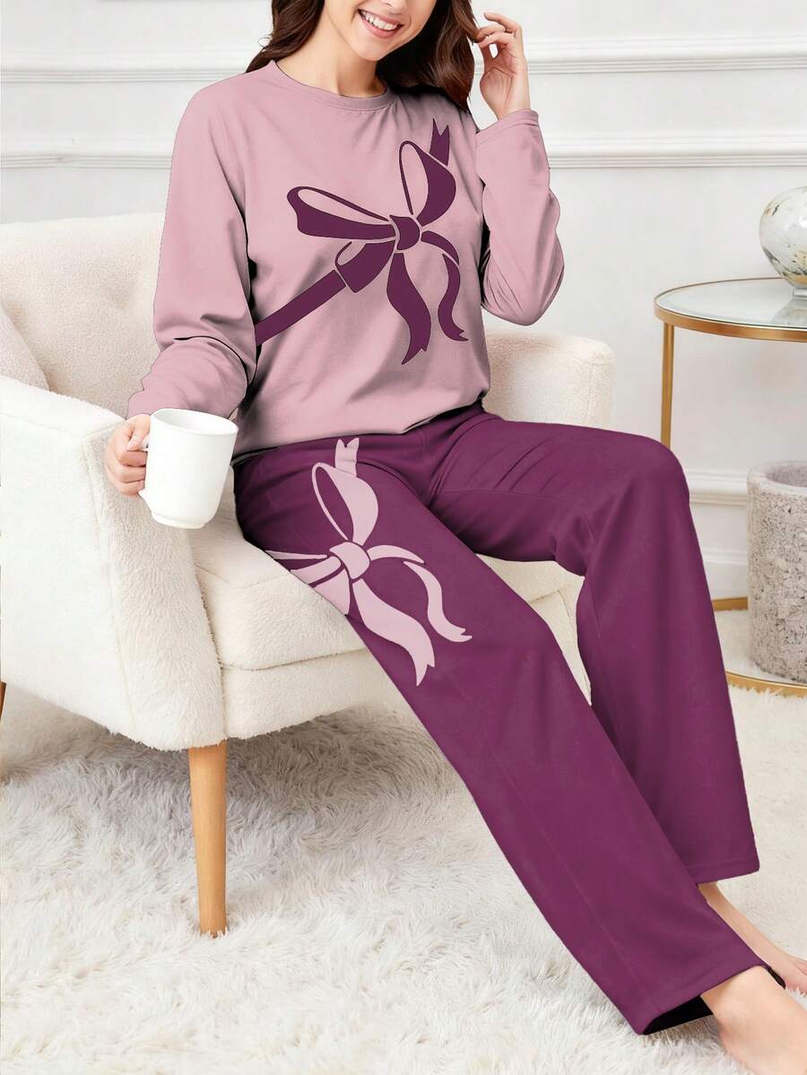 2pcs/Set Teen GirlCasual Knit Elastic Butterfly Print Long Sleeve Top And Pants Loungewear, Lavender