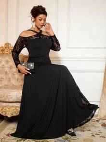 Cravure Plus Size Solid Color Off-Shoulder Long Sleeve Sheer Sexy Ruffle Hem Vintage Lace Dress - Black - View 2