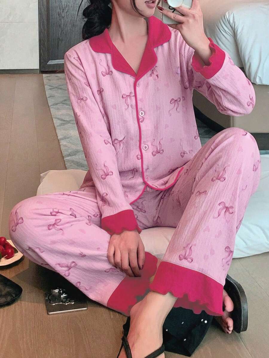 2 件套女童休闲蝴蝶结拼布荷叶边宽松全身印花家居服套装 - 粉色 - 查看 1