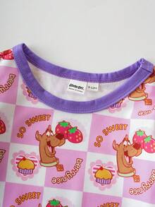 SCOOBY-DOO X SHEIN Bộ đồ liền thân dệt kim dài tay cổ tròn in họa tiết chú chó con hoạt hình dễ thương cho bé gái, dâu tây, bánh kem, kẻ sọc - Hồng - Xem 7