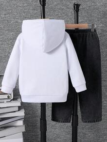 两件套儿童/青少年男童休闲百搭舒适小熊印花宽松连帽衫牛仔裤套装，白色上衣，宽松牛仔裤，可爱上衣，校服，返校服，牛仔裤，紧身牛仔裤，牛仔裤，基础款上衣，校园上衣，返校季 - 黑色 - 查看 4