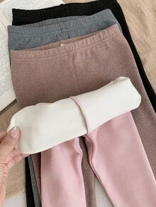 SHEIN LMoss Kids LMoss 4件套女婴可爱纯色弹力腰针织打底裤，秋冬季