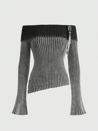 Grunge Punk Vintage Washed Sexy Off-Shoulder Collared Women Kpop Knit Sweater