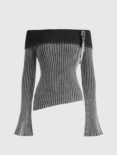 Grunge Punk Vintage Washed Sexy Off-Shoulder Collared Women Kpop Knit Sweater