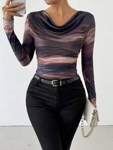 Chiquease Damen Batik-Muster geraffter Hals Langarm T-Shirt Grafik Oberteile Damen für Frühlings-Outfit Herbstkleidung für Frauen