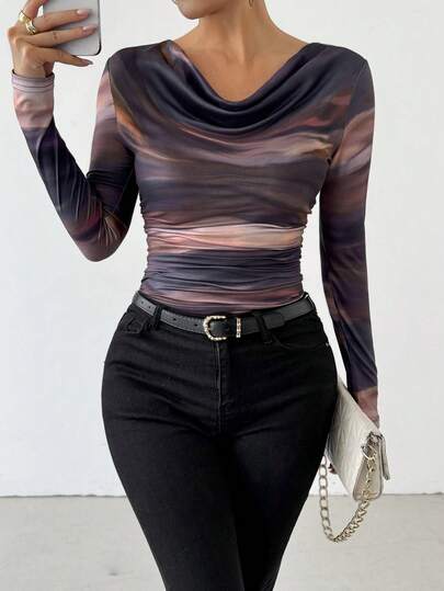 Chiquease 女式扎染印花褶皱领口长袖T恤图案T恤女式上衣春季服装秋季女装