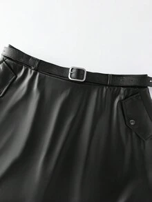 SHEIN PETITE CURVE 大码女式弹力PU皮裙，Elenzga优雅通勤款，配腰带，适合秋冬季节，适合派对、约会、通勤等场合，娇小款 - 黑色 - 查看 4