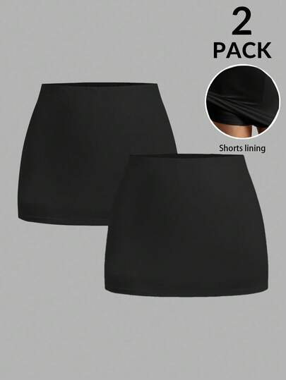 SHEIN EZwear 2pcs Women's Solid Color Elastic Waist Casual Leggings Skirt Black Skirt With Shorts Skort Curve Black Skirt Mini Black Skort For Women Black Mini Skort Low Rise Skirts Women Skorts Black Skirts Black Mini Skorts