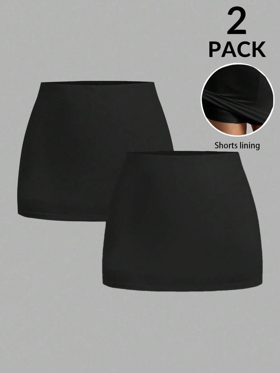 SHEIN EZwear 2 chiếc quần legging cạp chun màu trơn cho nữ, váy đen kèm quần short, váy cong màu đen, váy ngắn màu đen, váy ngắn cho nữ, váy ngắn cạp trễ, váy ngắn cho nữ, váy đen, váy ngắn màu đen - màu đen - Xem 1