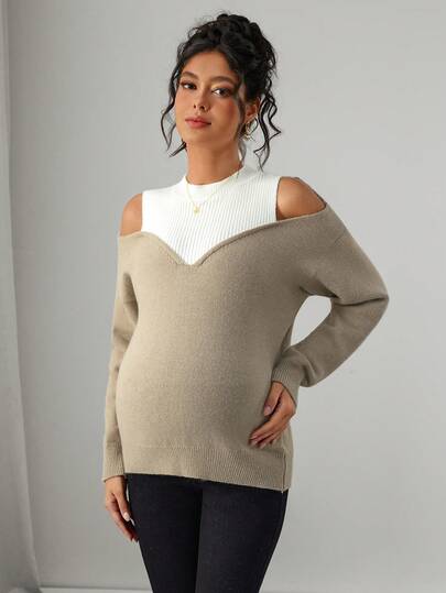 Momance Loose Fit Women Maternity Sweater With Decorative Off-Shoulder Design, Casual Crew Neck Long Sleeve Pullover