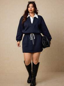 Elaquor Abito casual da donna taglie forti con collo a camicia, spalle scoperte, maniche lunghe e vita con coulisse - Blu Navy - Visualizzare 4