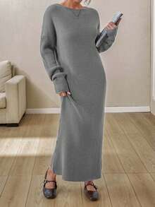 EURMUSE Boat Neck Ribbed Knit Midi Dress – Earthy Brown | Oversized Fit With Textured Stitch - Grey - View 3