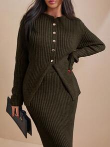 EURMUSE Conjunto de cardigan y falda de punto acanalado con botones delanteros de unicolor para mujer - Verde militar - Ver 2