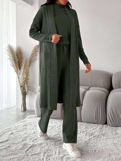 EURMUSE Women's Casual Solid Color Cardigan Knit Top And Pants 2 Pieces Set, Autumn/Winter