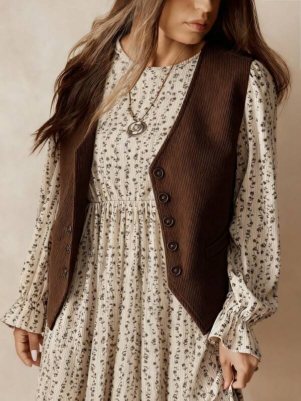 Nubod Vestido recto holgado de manga larga con parches, estampado floral pequeño y acanalado, estilo occidental cálido y cómodo para mujer de talla grande