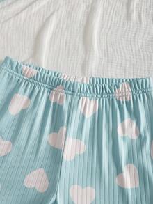 Girls' Snug Fit Pajama Set, Girls Big Kids Loungewear 2-Piece Set - Mint Green Heart Print Pajamas Ribbed Knit Long Sleeve Top Pants Combo Cute White Heart All-Over Print Design Round Neck Comfortable Fit Soft Knit Fabric Social Media Style Sweet Healing Spring Summer Autumn Holiday Essential Girls Home Set Two Piece Sleep Set Kids Pajama Set - Blue and White - View 7