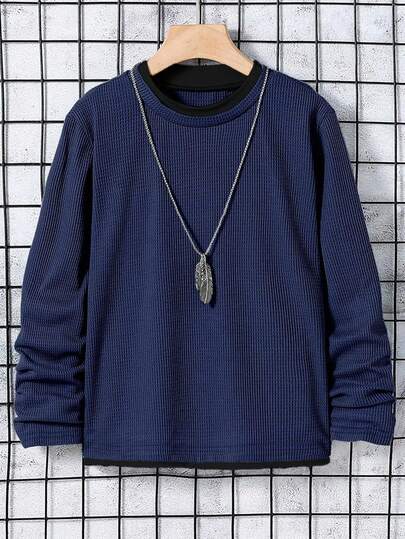 SHEIN Camiseta informal de niño preadolescente de tela de gofre 2 en 1, adecuada para el uso diario en primavera y otoño