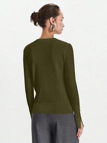 Lumivelle All-Match Round Neck Casual Chic Versatile Long Sleeve Knit Undershirt Army Green Tops Long Sleeve Top Button Top Solid Color Tops Office Winter - Olive Green - View 2