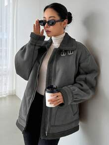 DAZY 女士仿麂皮加厚常规款夹克，冬季女式外套 - 灰色 - 查看 3
