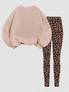 SHEIN Leap Crew 2 件套青少年女孩卡其色、复古豹纹闪光蝴蝶结图案宽松厚实柔软舒适温暖圆领长袖运动衫和紧身裤、青少年秋冬服装、轻松舒适、秋冬多层、时尚、休闲装、蝴蝶图案服装、秋冬、别致秋季、时尚冬季、新风格、舒适季节、圣诞氛围 - 彩色 - 查看 2