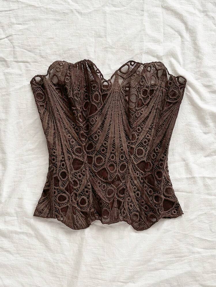 Soleia European And American Style Young Vacation Sexy Avant-Garde Lace Double-Layered Herringbone Court Corset Strapless Coffee Brown Hollowed-Out Embroidered Shapewear - Coffee Brown - View 3