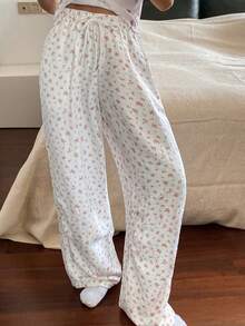 DAZY 1件装花卉纹理宽松女士睡裤，冬季 - 米色 - 查看 5